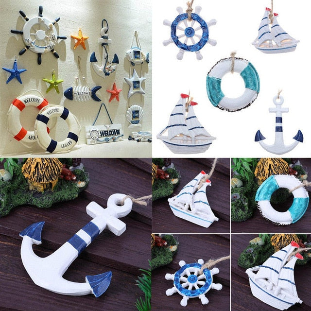 5pcs Cartoon Wooden Decoration Cute Rudder Seaside Nautical Theme Rustic Anchor Modern Wall Hook Ornament Hanging Decor Sets